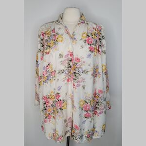 Vintage Floral Oversized Button Up Top Size S Pleated Longline Flowy Cottage